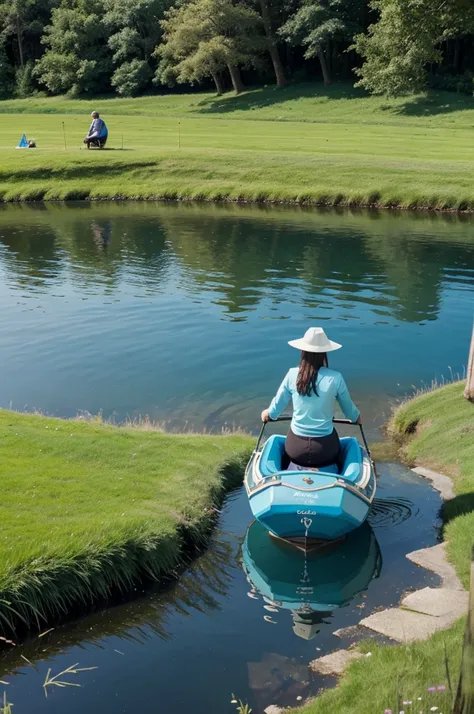 In sky blue lake fisesh on water and baground with mouthains and big grass ground 