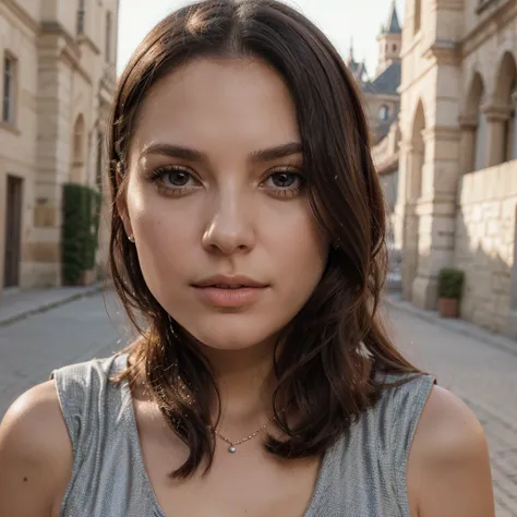 1girl in, 30 years old, Square face, Long hair, Looking at viewer, jewelry, Realistic, Sexy, princess outfit, castle background, free pose full body