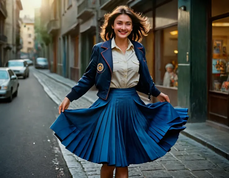 A smiling, authentic, (shy:1,3), kind, beautiful woman, is passionately in love with her skirt, wind lifts her skirt, wearing uniform jacket and very, very detailed (long (fully pleated) full circle skirt) and (low heeled court shoes), very, very intricate...