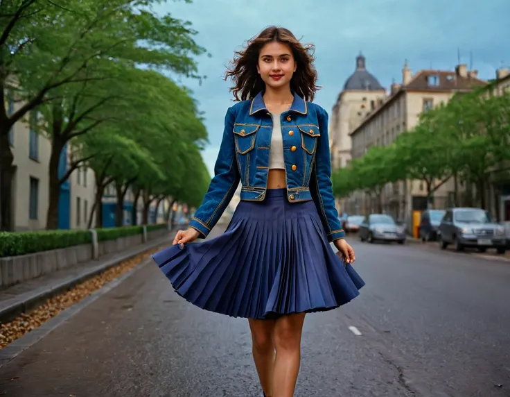 A smiling, authentic, (shy:1,3), kind, beautiful woman, is passionately in love with her skirt, wind lifts her skirt, wearing uniform jacket and very, very detailed (long (fully pleated) full circle skirt) and (low heeled court shoes), very, very intricate...