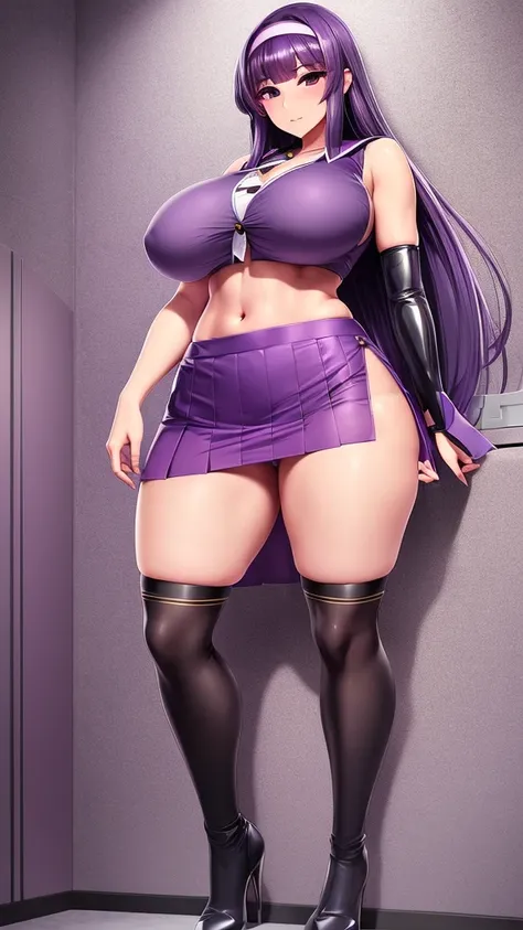  a big teenage girl big breast beautiful sexy ninja dark purple hair long hip her purple eye black eyelash big round she dresses purple blouse with sleeveless buttons exposed abdomen navel and a short purple skirt pair of net socks Transparent black boot