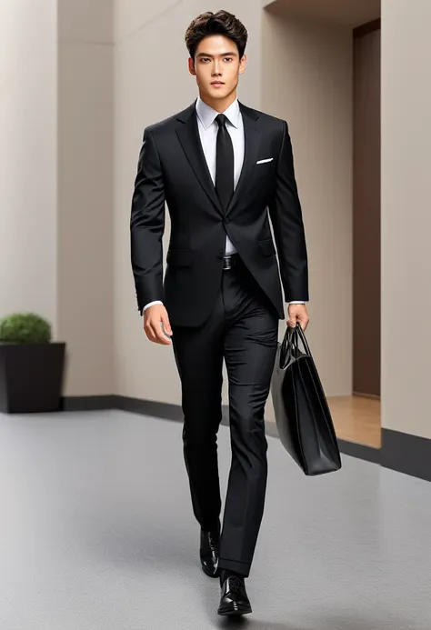 he is leaving your office, he is wearing a black suit with black pants