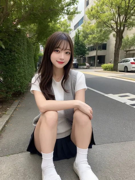 (8k, ultra high res) (best quality) (photo-realistic) (ultra detailed skin), light shadow, Natural lighting, looking_at_viewer
1girl,(Japanese ,kogal),smile,miniskirt,sweater_vest,long_hair,outdoors,((long-white-slouchy-socks)and loafers, ), tree, streetgr...