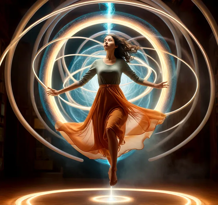 a woman levitating in a surreal, dreamlike environment, realistic, photorealistic, highly detailed, full action poses. surrounded by glowing magnetic energy fields, ethereal, otherworldly, warm color palette, dramatic lighting, cinematic composition¡Descub...