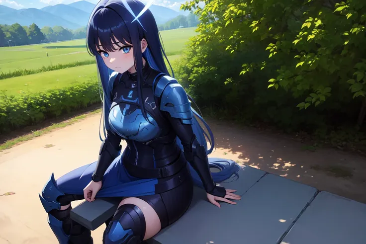 1girl,solo, saorijoumae, saori joumae, blue eyes, blue hair, halo, long hair, sitting, looking at viewer, adventurer clothes, li...