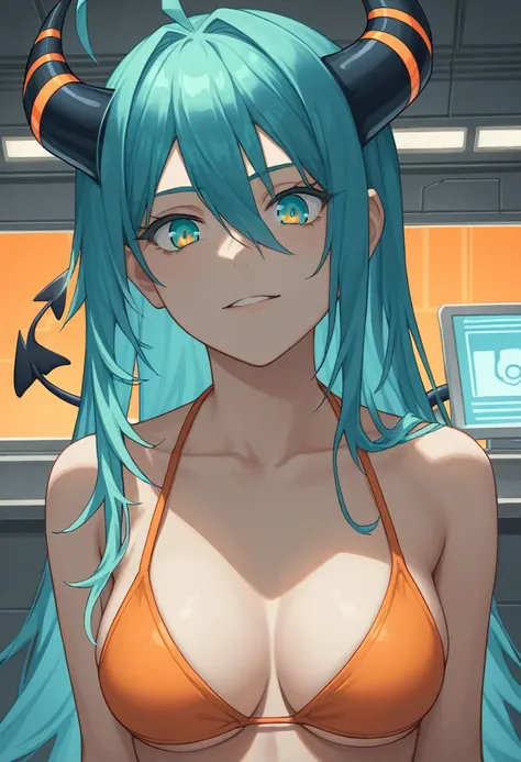 score_9, score_8_up, score_7_up,1 daemon woman, black  demon horns, black demon tail, (aquamarine hair),aquamarine green color hair,ahoge, long hair, (long hair),bangs, light orange bikini, bikini is orange, bikini orange, orange bikini!, (aquamarine eyes)...