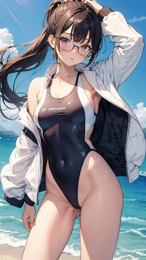 masterpiece, good quality, 
1girl, solo,
 JeanneArcher2nd, ponytail, high ponytail, very long hair, 
glasses, one-piece swimsuit, white one-piece swimsuit, competition swimsuit, highleg swimsuit, white jacket, open jacket, single strap sandals, whistle aro...