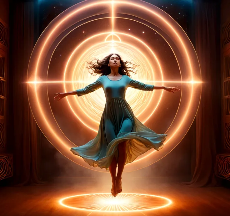 a woman levitating in a surreal, dreamlike environment, realistic, photorealistic, highly detailed, full action poses. surrounded by glowing magnetic energy fields, ethereal, otherworldly, warm color palette, dramatic lighting, cinematic composition¡Descub...