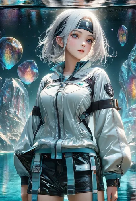 Short white hair girl, with white jacket and headband, reflected in crystal clear waters,full HD,8k,realist