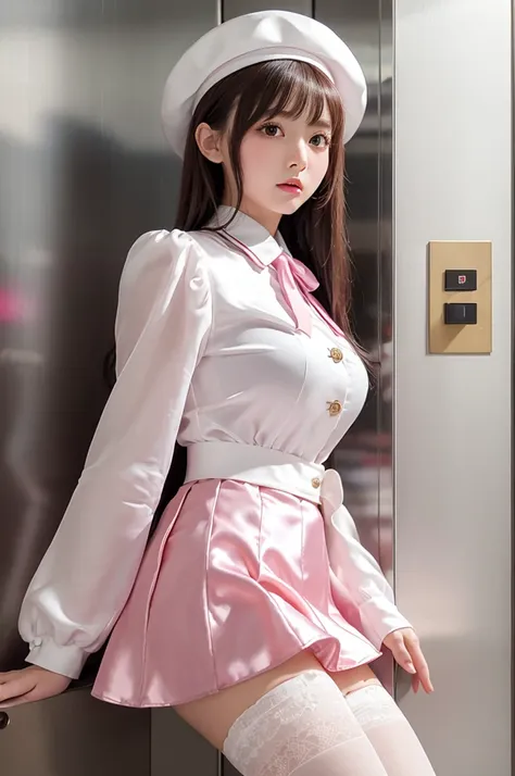 Highest quality、Elevator Girl、Shiny pink silk jacket、White blouse with ribbon、Micro Mini Skirt、A small round hat with a ribbon、Skinny、White gloves、White over-the-knee socks、Flushed Cheeks、Embarrassed look、Big Breasts、Pull the skirt down with your hands