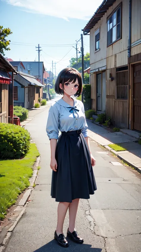 Woman standing in a rural town, A fusion of 1950s and 1960s aesthetics, 