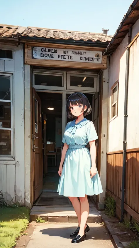 Woman standing in a rural town, A fusion of 1950s and 1960s aesthetics, 