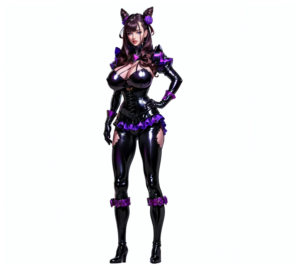 murasakishikibu, murasaki shikibu, brown hair, (purple eyes:1.1), long hair, big breast, BREAK black Leahter Trousers , black latex Corset, long latex sleeves, purple latex finger Gloves,purple gemstone, cone hair bun, double bun, hair bun, hair ornament, ...