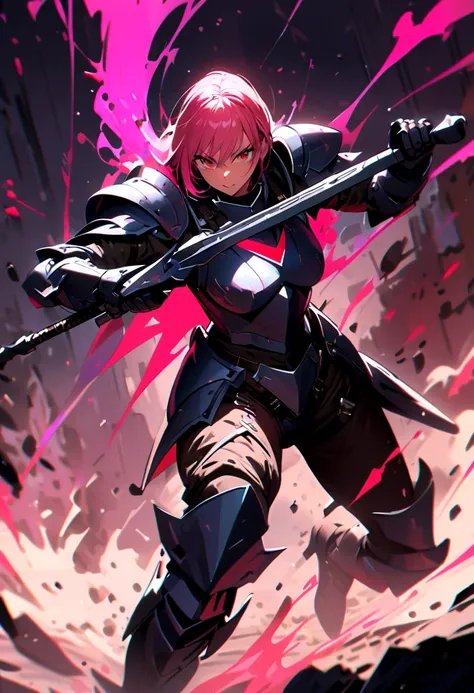 Combat Actions, Holding Weapons, Full Body,pink hair, Super Sexy ,ultra-detailed, ((High resolution)),((high detailed)),knight Armor, Frontal