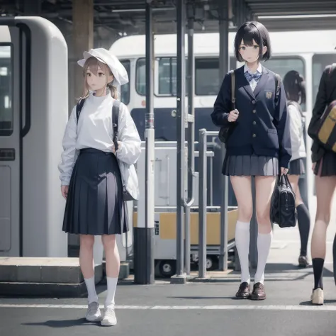 Man standing next to a train々Group of, photograph, Umeo Kenei Toshi, tumbler, Wearing a skirt and knee-high socks, school bag, hidden camerphotograph, Sexy Style, White jacket,  Blurry, Two Women, dark blue, fart, Align Right, Runway, Asian, photograph, Al...