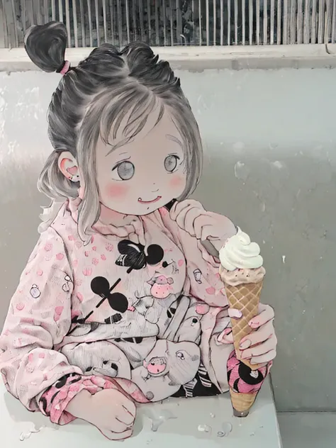 little girl eating ice cream.cute cartoon pattern, black and white lines, happy expression, cute print style, simple lines