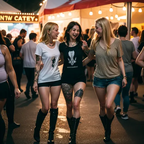 2girls, goth, boots, standing, laughing,  tattoos, crowded state fair in New York, evening, shirtlift,  blonde 