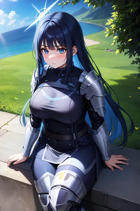 1girl,solo, saorijoumae, saori joumae, blue eyes, blue hair, halo, long hair, sitting, looking at viewer, adventurer clothes, light armor, outdoors