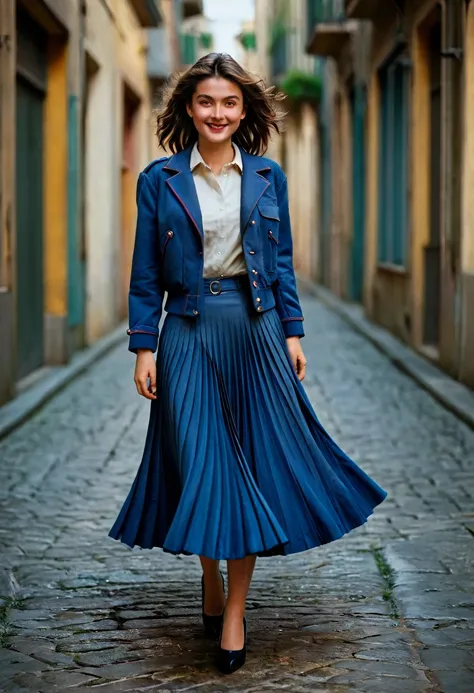 A smiling, authentic, (shy:1,3), kind, beautiful woman, is passionately in love with her skirt, wind wildly lifts her skirt, wearing uniform jacket and very, very detailed (long (fully pleated) full circle skirt) and (low heeled court shoes), very, very in...