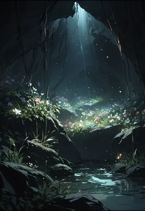 masterpiece, Highest quality, Particles of light, Underground flower garden, flowers blooming in the dark, Cave-like ceiling, A single ray of light, tall weeds, water, dark, Slate color, No humans