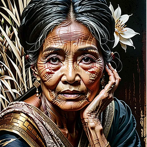 side view of an old asian woman&#39;face(thai style)i&#39;m feeling sad because i&#39;iผิดหวังกับบางสิ่งบางอย่าง..,line art - bl...