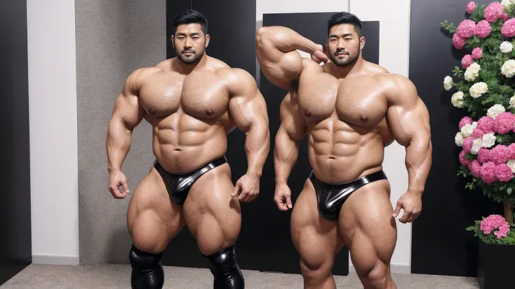 There is only one handsome Asian actor in the photo，35 years old，High target, Fitness，short hair, O-Shaped Beard，Perfect body, Dark skin color，Radiant Skin，Smooth skin，Muscle bulge, muscular, Very large pectoral muscles，Very sexy abdominal muscles，Very wel...