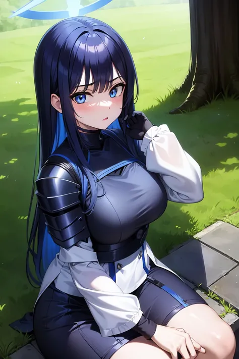 1girl,solo, saorijoumae, saori joumae, blue eyes, blue hair, halo, long hair, sitting, looking at viewer, adventurer clothes, light armor, outdoors, upper body