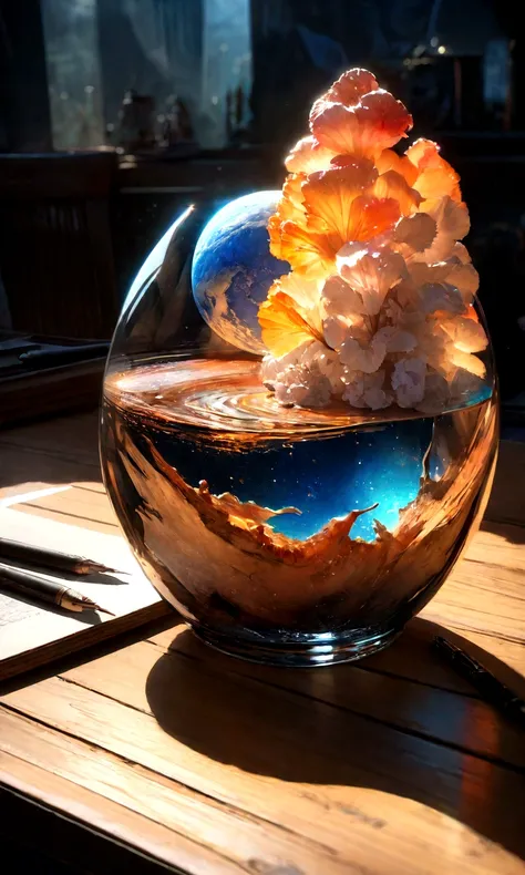 Universe in a cup, The entire universe exists inside a crystal......, Planets and galaxies in glass, Wooden dining table, Ultra-realistic, Very detailed, Dramatic lighting, 4K, Ultra HD, Realist, Bright colors, and, UHD rendering, Pen and ink, Perfect comp...