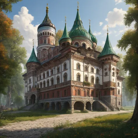 ((best quality)), ((masterpiece)), ((realistic,digital art)), (hyper detailed), (slavic ambassy), ground view, (medieval russian style)