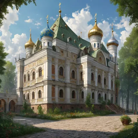 ((best quality)), ((masterpiece)), ((realistic,digital art)), (hyper detailed), (slavic ambassy), ground view, (medieval russian style)