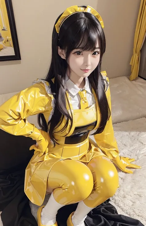 Portrait、(masterpiece,Highest quality,Ultra-high resolution),Japanese women, (((Very beautiful 25 year old girl))),(Yellow latex maid outfit)、(Yellow latex long skirt)、Yellow latex long gloves、Yellow latex socks、Latex is very shiny、Dark Room、