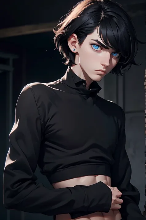 (best quality), 1boy, male, pale skin, black hair, short hair, tousled hair, messy bangs, bangs over eyes, blue eyes, perfect eyes, dark circles under eyes, lanky body, boyish, strong jawline, frown, attractive, goth boy, long sleeved black crop top, mascu...