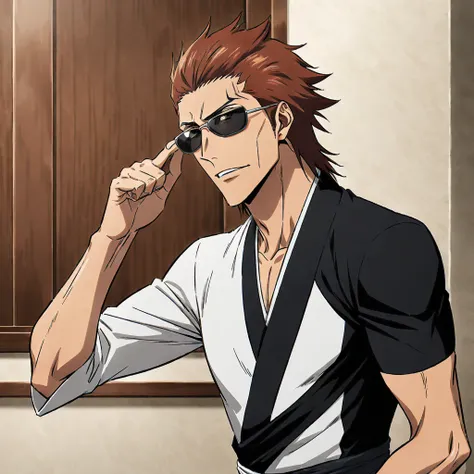 captain aizen sosuke from bleach anime, wearing sunglasses, brown hair, ((medium quality)), ((medium quality))