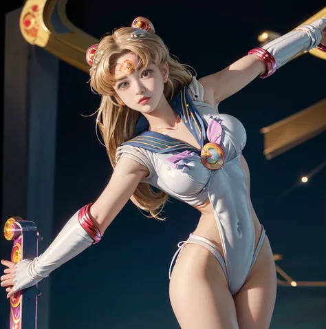 Highest quality，masterpiece，Ultra-high resolution, Very detailed, 8K，14 year old beautiful Japanese woman:1.5, Small face, Blonde, ((Woman crucified on the cross:1.5, Breast Augmentation Surgery)), (Detailed Sailor Moon costume:1.5), Very detailedな臭い脇の下