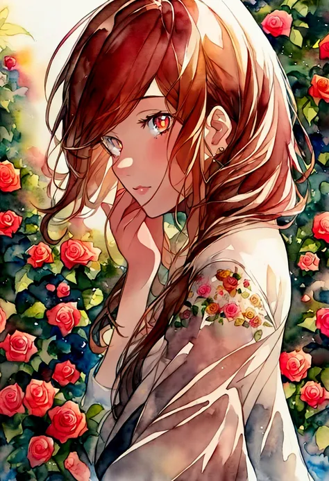 High quality, highly detailed, watercolor, picturesque, girl, roses, brown eyes, peach hair, eyes twinkle, neon lights 