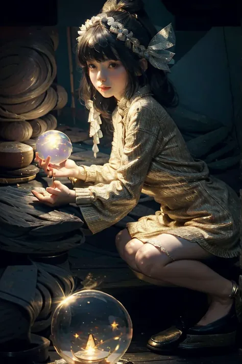 Girl in the middle with a luminous crystal ball