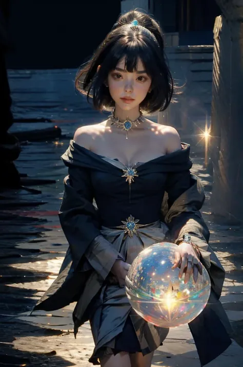 Girl in the middle with a luminous crystal ball