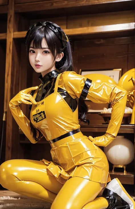 Portrait、(masterpiece,Highest quality,Ultra-high resolution),Japanese women, (((Very beautiful 25 year old girl))),(Yellow latex maid outfit)、(Yellow latex long skirt)、Yellow latex long gloves、Yellow latex socks、Latex is very shiny、Dark Room、