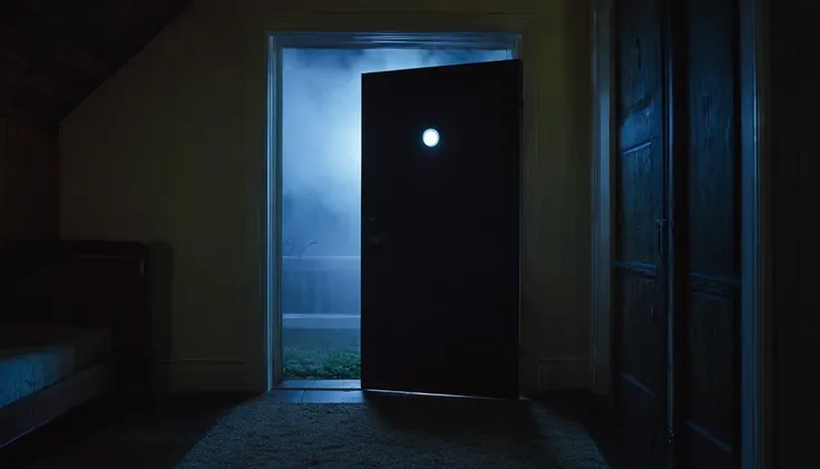 a closed bedroom door has a ventilation hole at the bottom of the door to see the outside of the room, with an eerie atmosphere at night