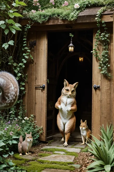 Entering the Enchanted Garden: Capture Fluffys expression of awe as he opens the door with his tiny paw and steps into the magical garden filled with talking animals (wise Owl, friendly squirrel, mischievous fox)