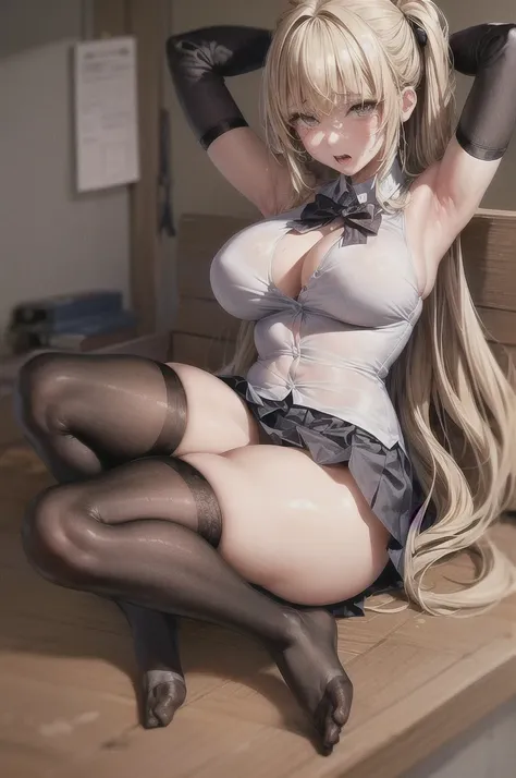 (masterpiece, best quality), 1girl, Huge breasts .独奏,sitting on a desk, beautiful face, blonde hair, torn clothes, torn legwear, dark school uniform, black thighhighs, moldy room, scared,crying, terrified face, itricate details, tied arms behind head, dark...