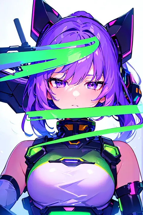 [(WHITE BACKGROUND:1.5),::5], ((((masterpiece)))), high quality, ultra very high resolution, full color, (((solo))), ((Mecha musume)), Mecha girl, ((Green hair)), (Purple eyes), anime, upper body, neon light, cyborg body, (Purple neon effect:1.2)