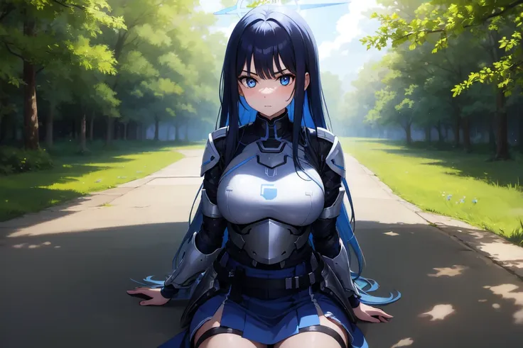 1girl,solo, saorijoumae, saori joumae, blue eyes, blue hair, halo, long hair, sitting, looking at viewer, adventurer clothes, light armor, outdoors, upper body