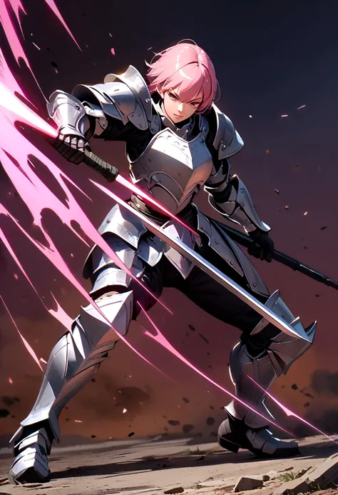 Combat Actions, Holding Weapons, Full Body,pink hair, Super Sexy ,ultra-detailed, ((High resolution)),((high detailed)),knight Armor, Frontal