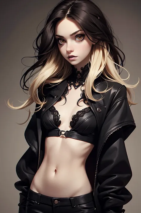 (best quality), 1girl, female, pale skin, (black hair), blonde ombre, medium hair, messy hair, hair over eyes, (brown eyes), perfect eyes, dark circles under eyes, skinny body, , flat chest, goth fashion, childish, masterpiece, anatomically correct, highre...