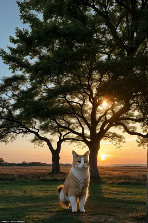 Sunset Farewell: Show Fluffy bidding farewell to his new friends as the sun sets, with a promise to return, standing under the old oak tree before hopping back home.