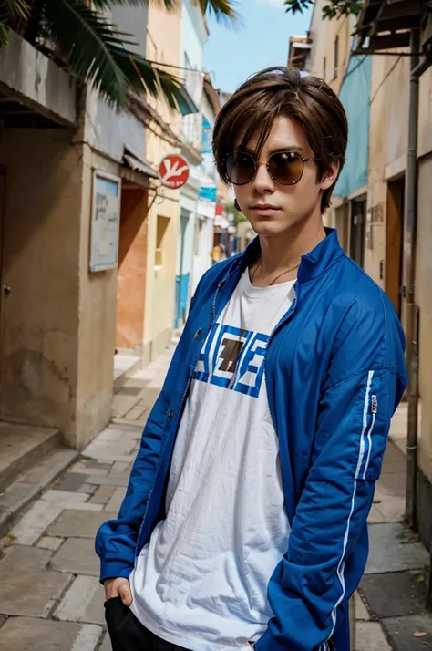 Male anime character with brown hair, sunglasses, blue clothes