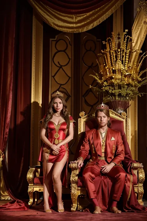 Brown-haired king wearing golden crown with ruby stones and red suit sitting on a golden throne, with princess standing next to the throne with blonde hair, wearing long red silk dress, with princess crown, in a real castle 