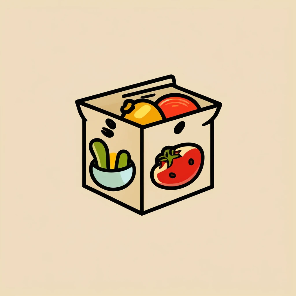 {food box}, { Game icons }, Worn Label, Simple Illustration, Brand Logo, Moderate Saturation, solid color background, correct, logo, dusty, Realism