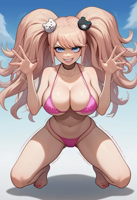 score_9, score_8_up, score_7_up, source_anime, solo, 1girl, enoshima junko, grin, looking towards viewer, standing, twintails, bear hair ornament, v-shaped eyebrows, choker, collarbone, cleavage, Nude, BIG TITS, BIG ASS, COMICALLY BIG TITS, COMICALLY BIG A...